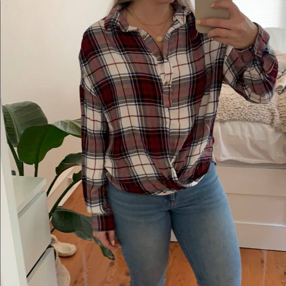 Francesca’s red and blue plaid twist top